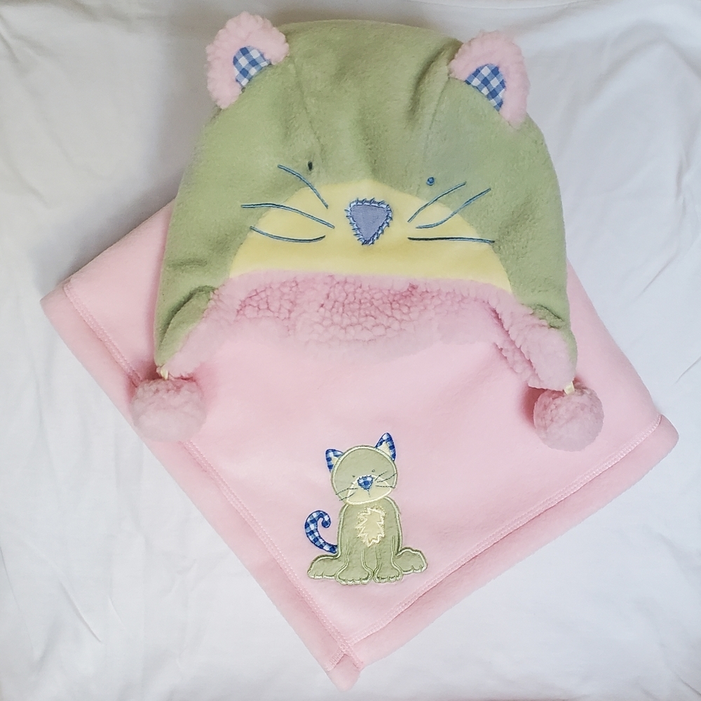 Pottery Barn Kids Kitty Hat & Blanket Set 🐱  Adorable Cat NIB Pink Green Yellow